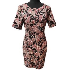 Lands End Womens 4 Short Sleeve Fitted Dress Black Red Paisley Print Knee Length